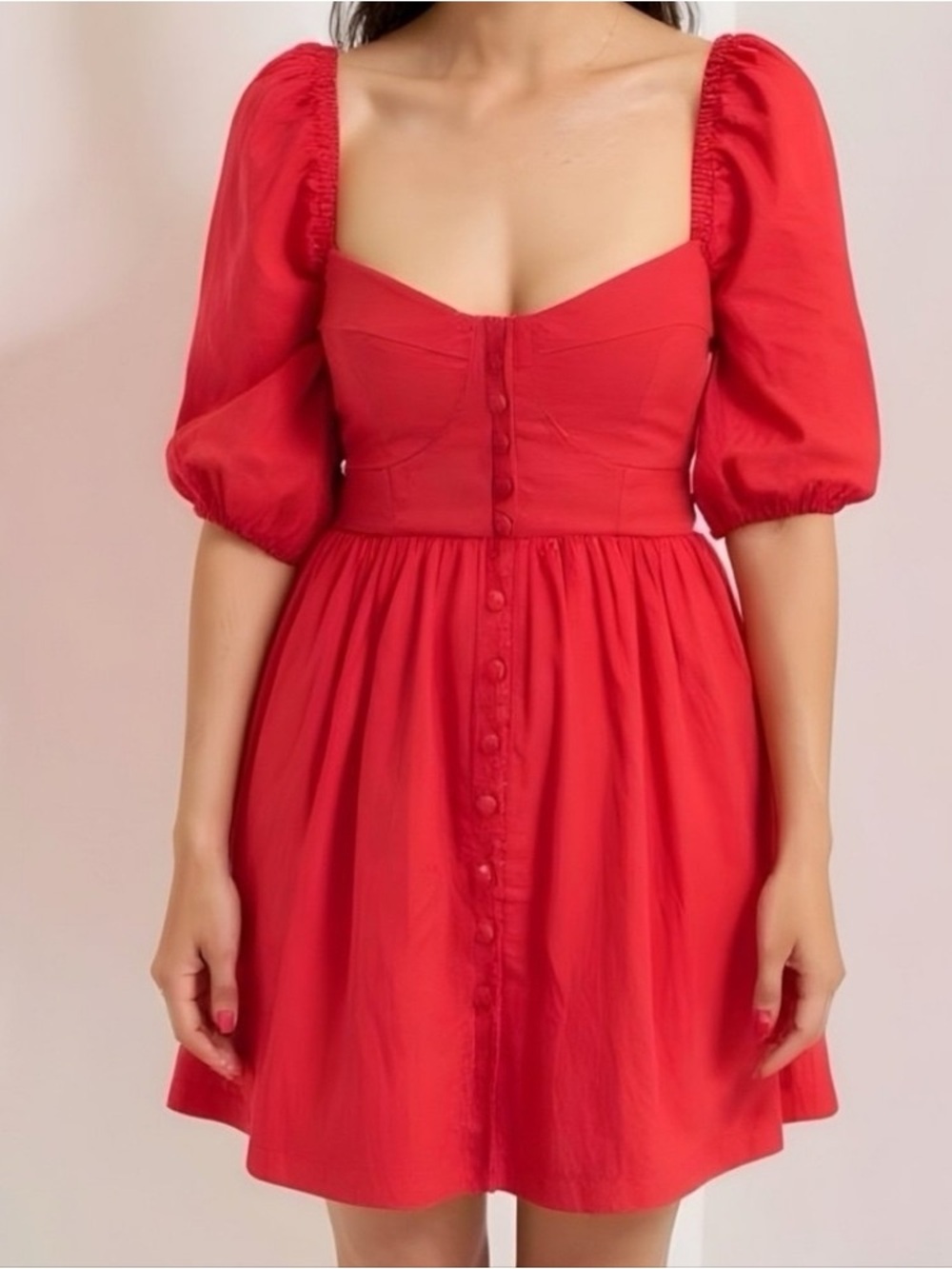 Maeve L Puff Sleeve Mini Sweetheart Neck Buttons Pockets Feminine anthroplogie